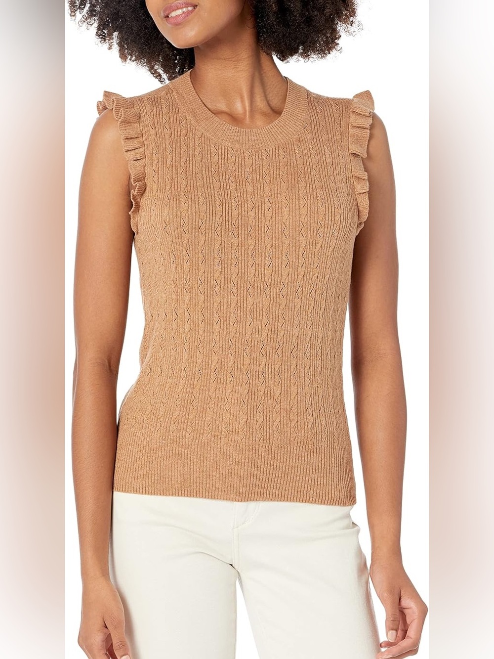 PAIGE Camel Knit Ruffle Sleeve Sleeveless Sweater Top